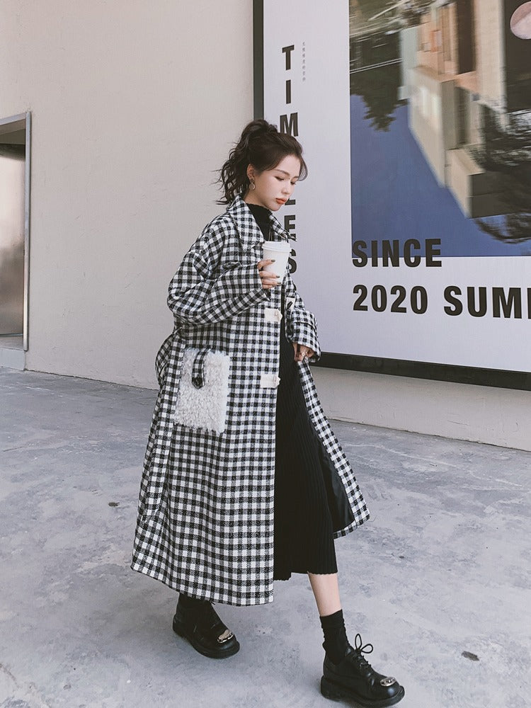 Horn Buckle Plaid Mid-Length Woolen Women's Coat - Harmony Gallery