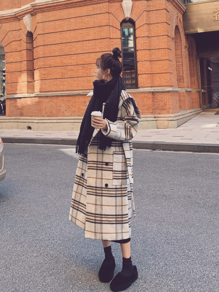 Loose Retro Plaid Mid-Length Woolen Women's Coat - Harmony Gallery