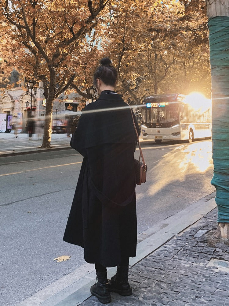 Black Mid-Length Hepburn Style Woolen Women's Coat - Harmony Gallery