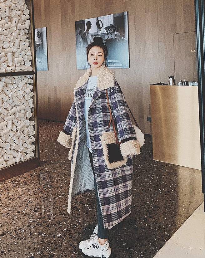 Plaid Lamb Wool Over The Knee Winter Loose Women's Coat - Harmony Gallery