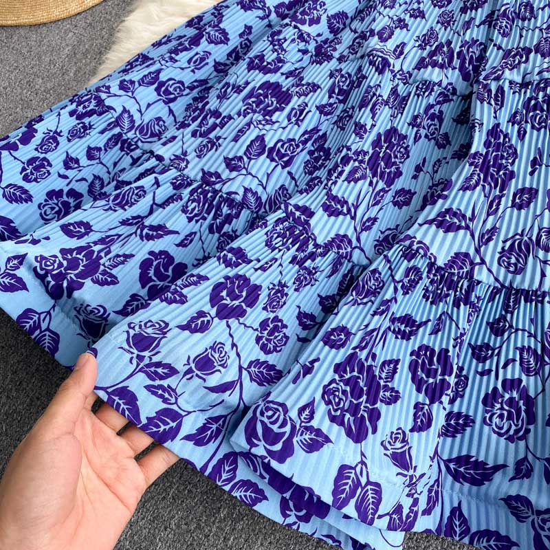 Holiday Summer Pleated V-Neck Slim Short Printed Women's Dress - Harmony Gallery