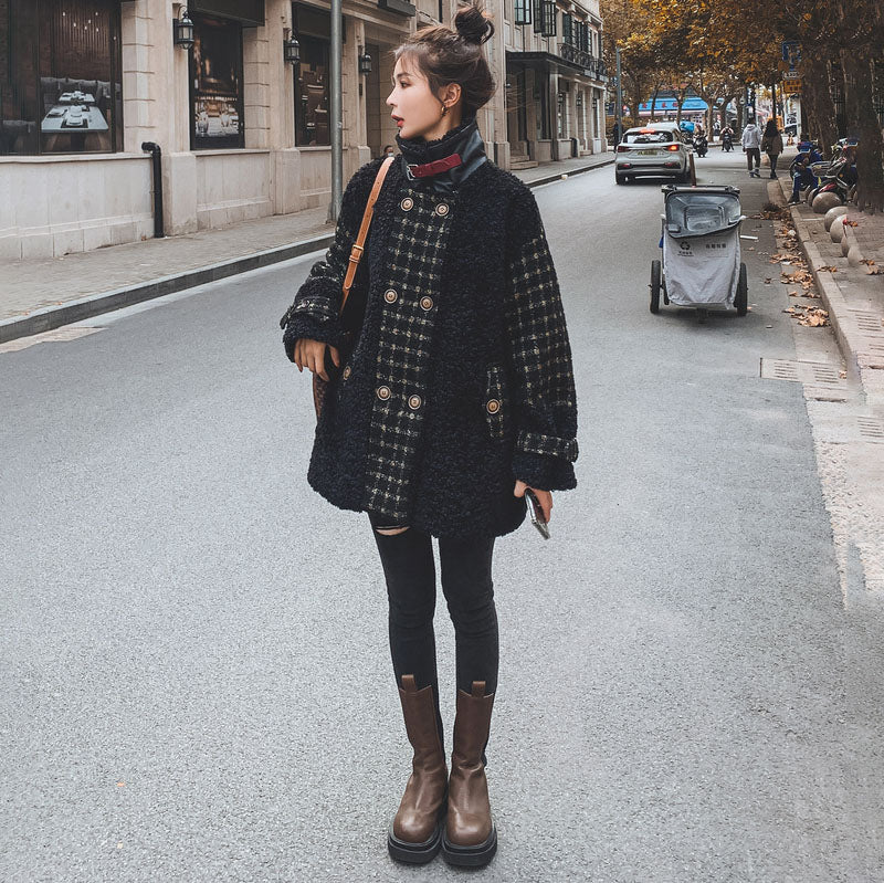 Plaid Lamb Wool Short-Length Fur Padded Women's Coat - Harmony Gallery