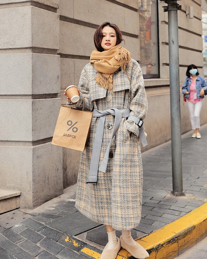 Woolen Over The Knee Loose Plaid Women's Coat - Harmony Gallery