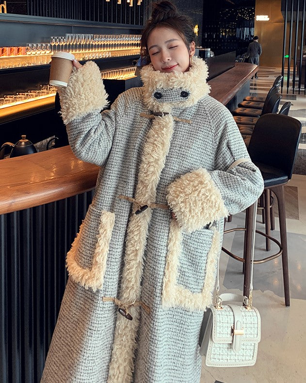 Horn Buckle Houndstooth Woolen Winter Women's Coat