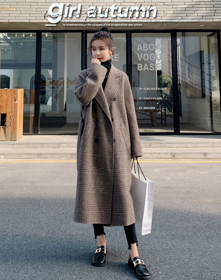 Light Mature Style Plaid Mid-Length Woolen Women's Coat - Harmony Gallery