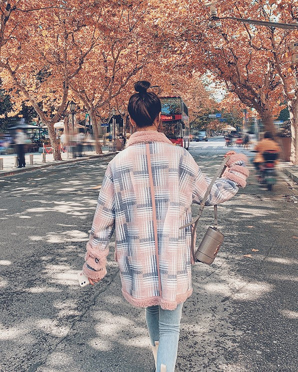 Short Plaid Winter Lamb Loose Cotton Women's Coat - Harmony Gallery