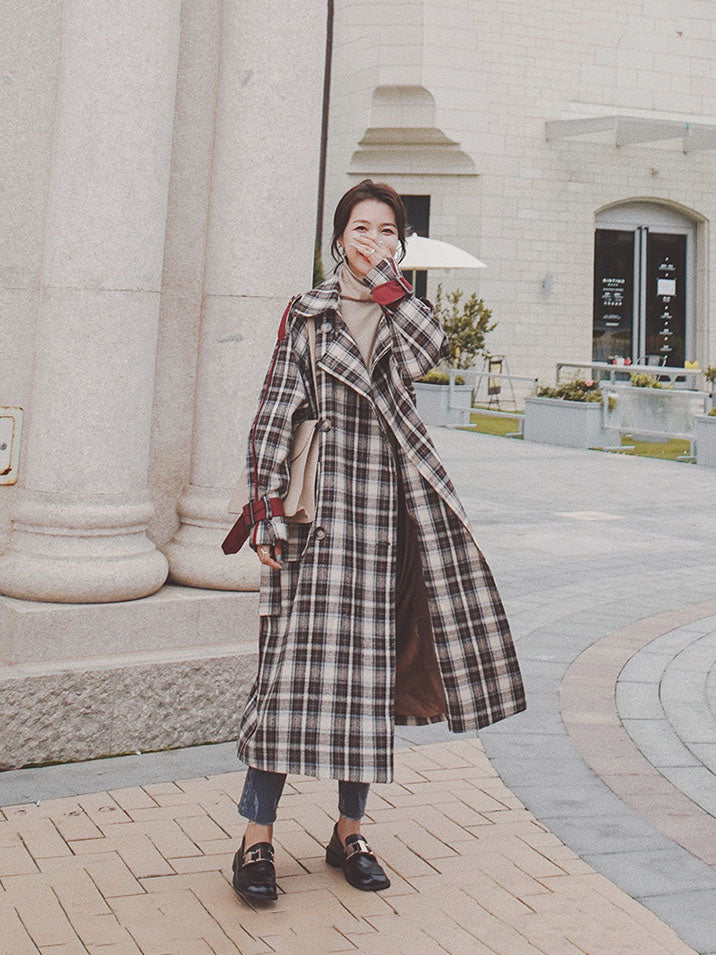 Trendy French Plaid Woolen Mid-length Women's Coat - Harmony Gallery