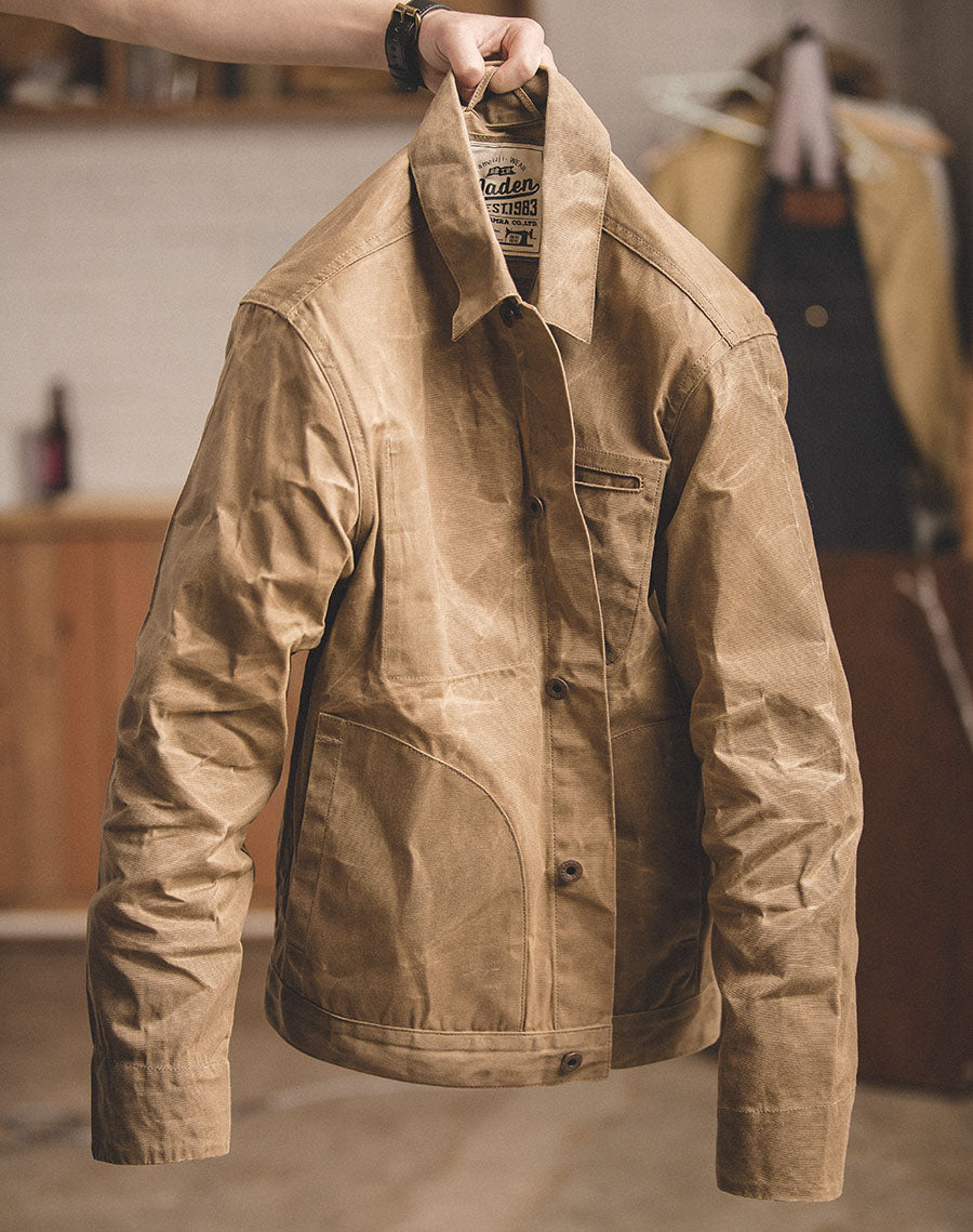 American Retro Yellowstone Canvas Oil Wax Men's Coat / Khaki / L