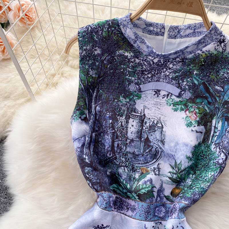 Retro Luxury French Printed Summer Women's Dress - Harmony Gallery