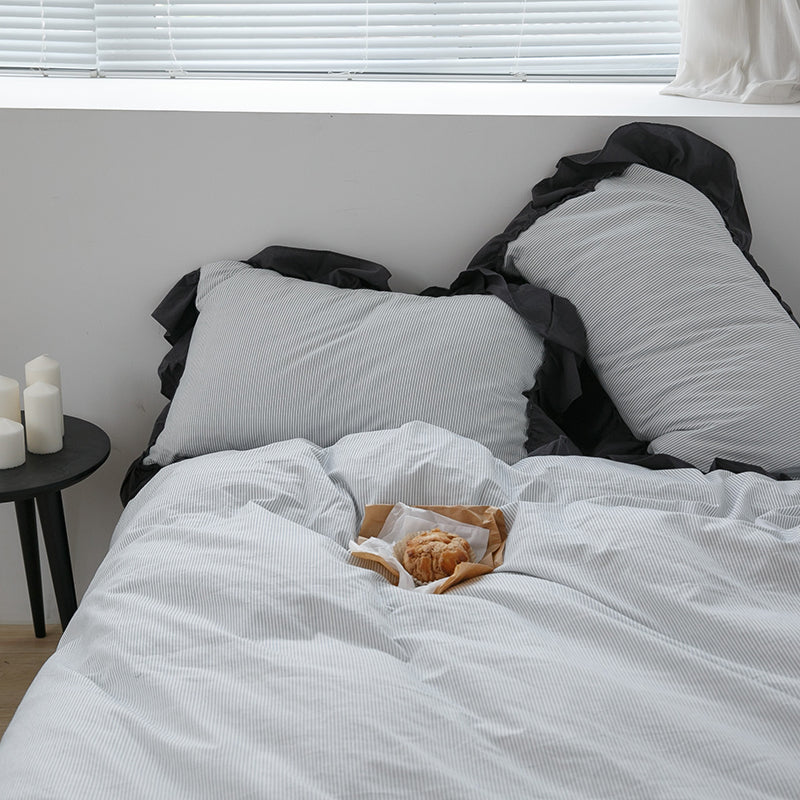 Dark Cotton Washed Lotus Leaf Lace Four-Piece Striped Bed Set - Harmony Gallery