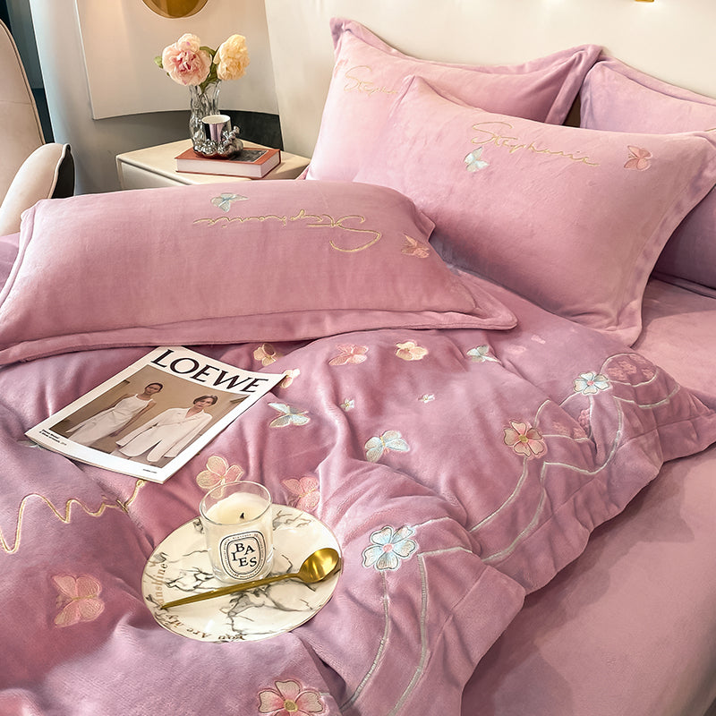 Four-Piece Warm Velvet Embroidery Plush Winter Bed Set - Harmony Gallery