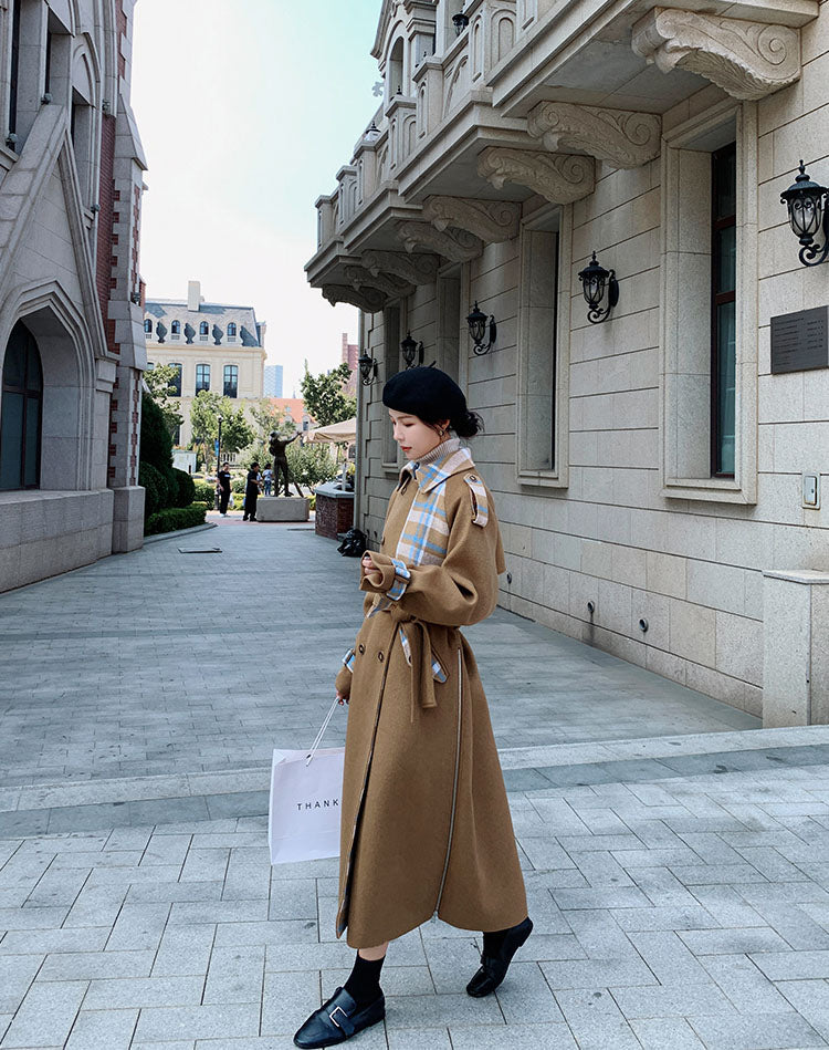 Contrast Plaid Over The Knee Woolen Women's Coat - Harmony Gallery