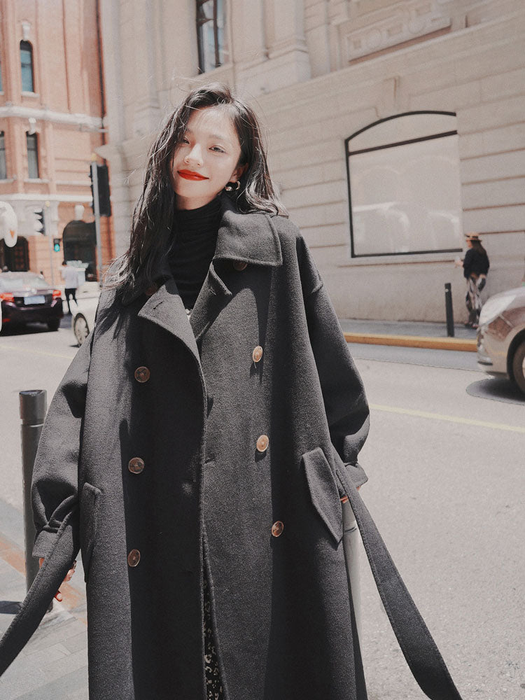 Black Hepburn Style Winter Loose Woolen Women's Coat - Harmony Gallery