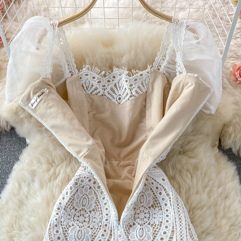 Square Neck Puff Sleeves Slim High-End Lace Women's Dress - Harmony Gallery