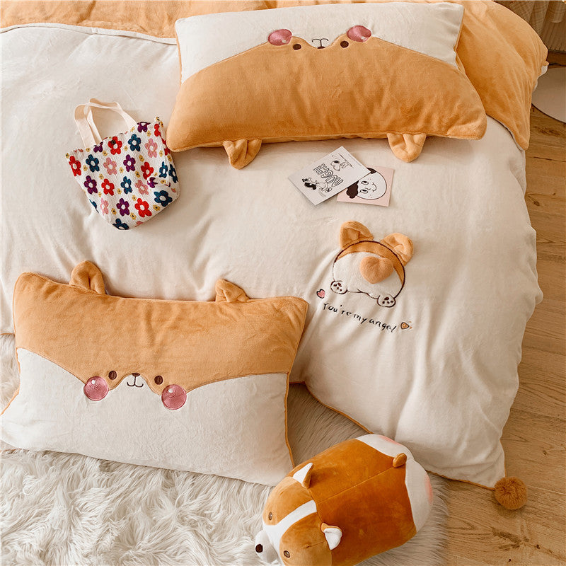 Cartoon Warm Big Butt Milk Velvet Five-Piece Bed Set - Harmony Gallery