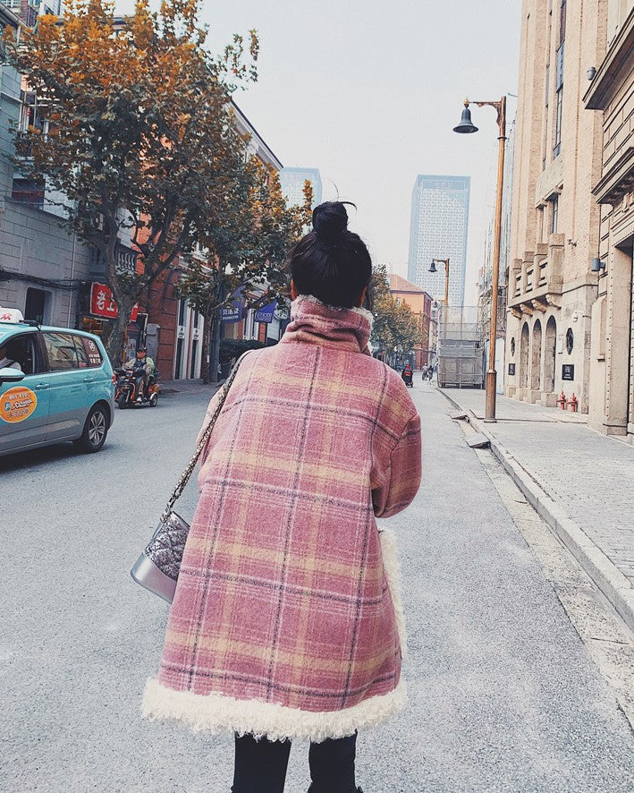 Pink Plaid Retro Lamb Wool Loose Loop Women's Coat - Harmony Gallery