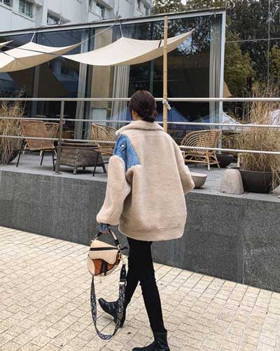 Contrast Denim Loose Lambs Wool Cotton Women's Coat - Harmony Gallery