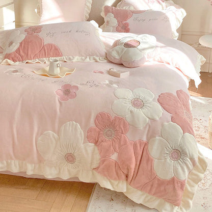 Princess Girly Heart Sunflower Warm Velvet Winter Four-Piece Bed Set