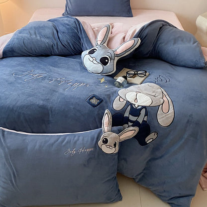 Rabbit Police Disney Four-piece Cartoon Winter Velvet Bed Set - Harmony Gallery