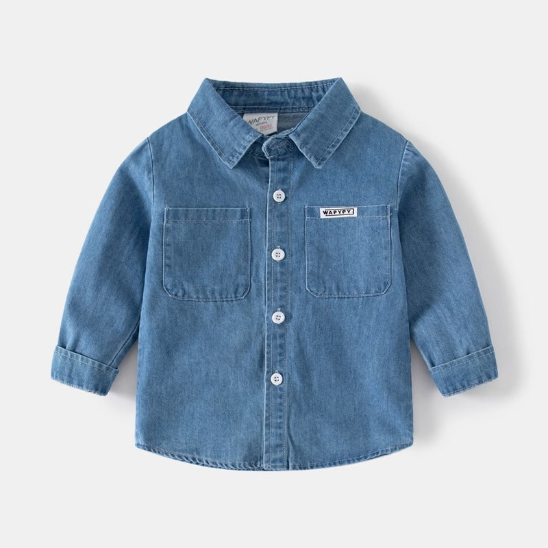 Autumn Long-Sleeved Washed Denim Square Collar Boy's Shirt - Harmony Gallery