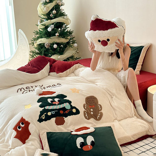 Christmas Tree Cartoon Thickened Warm Four-Piece Coral Velvet Bed Set - Harmony Gallery