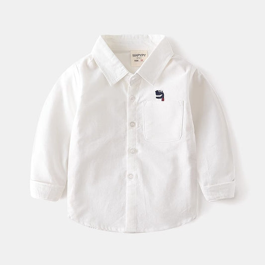 Spring and Autumn Plaid White Cotton Embroidery Dinosaur Boy's Shirt