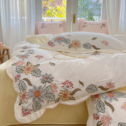 Pure Washed Cotton Floral Embroidery Pastoral Four-Piece Bed Set - Harmony Gallery