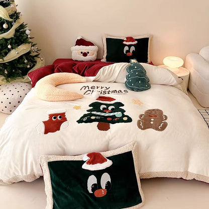 Christmas Tree Cartoon Thickened Warm Four-Piece Coral Velvet Bed Set