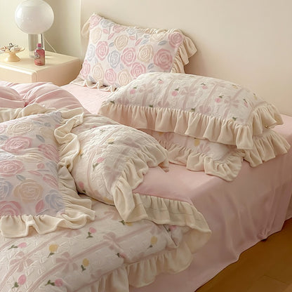 Princess Lace Warm Double-Sided Coral Velvet Four-Piece Bed Set