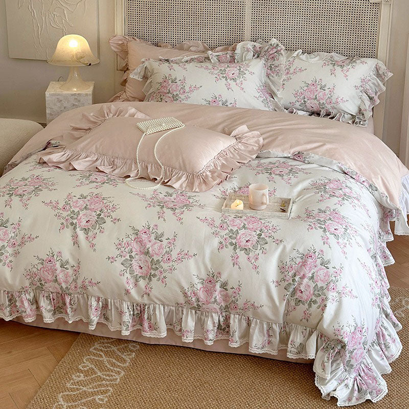 Princess Romantic Pure Cotton Lotus Leaf Lace Four-Piece Bed Set
