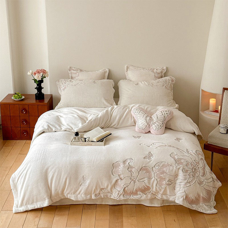 Heart Butterfly Embroidery Warm Coral Velvet Four-Piece Bed Set - Harmony Gallery