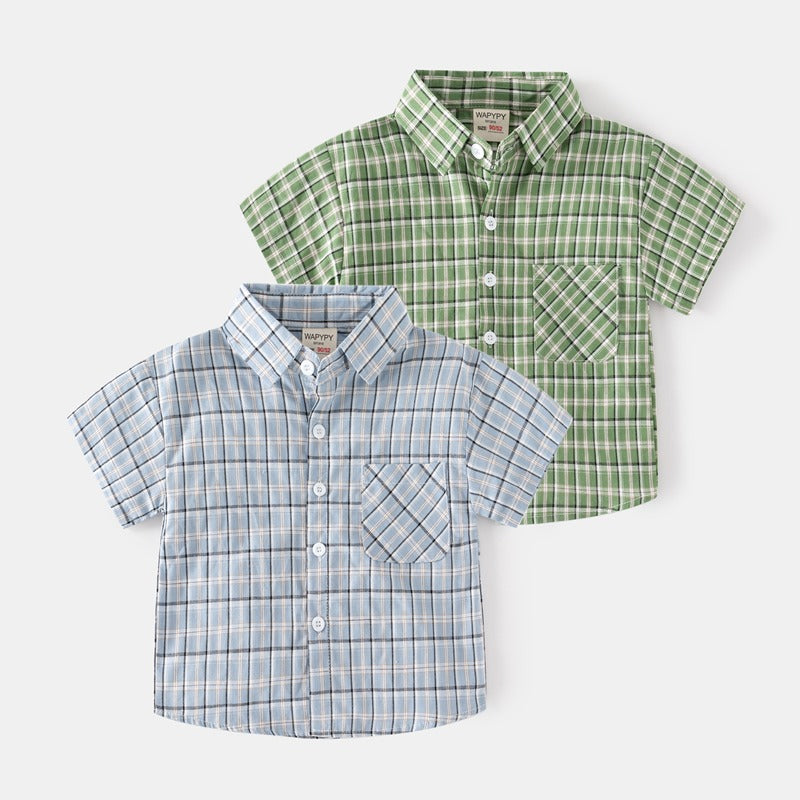 Short-Sleeved Summer Plaid Casual Square Collar Baby Boys Shirt - Harmony Gallery