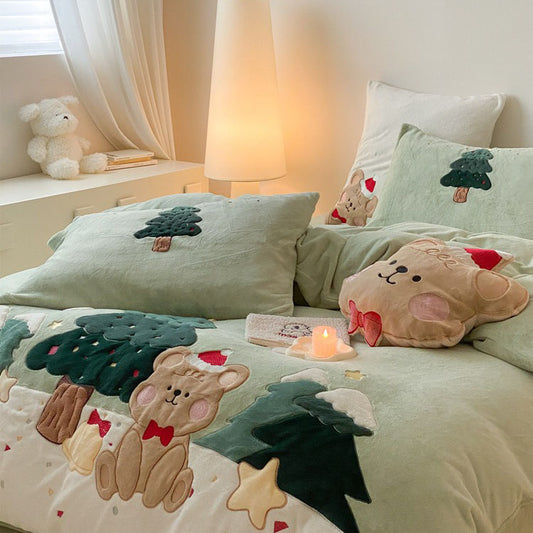 Christmas And Winter Four-Piece Coral Velvet Cute Cartoon Bed Set - Harmony Gallery
