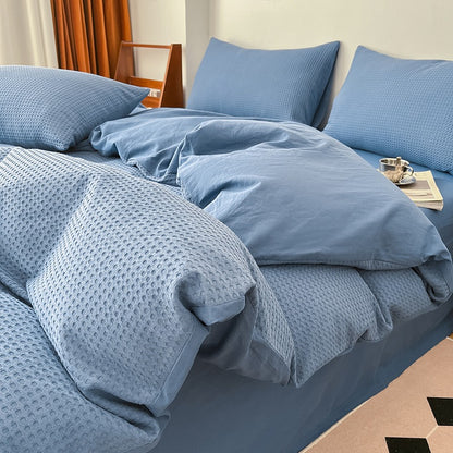 Light Luxury Waffle Pure Cotton Washed Soft Four-Piece Bed Set