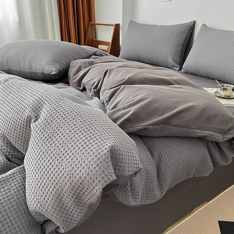 Light Luxury Waffle Pure Cotton Washed Soft Four-Piece Bed Set