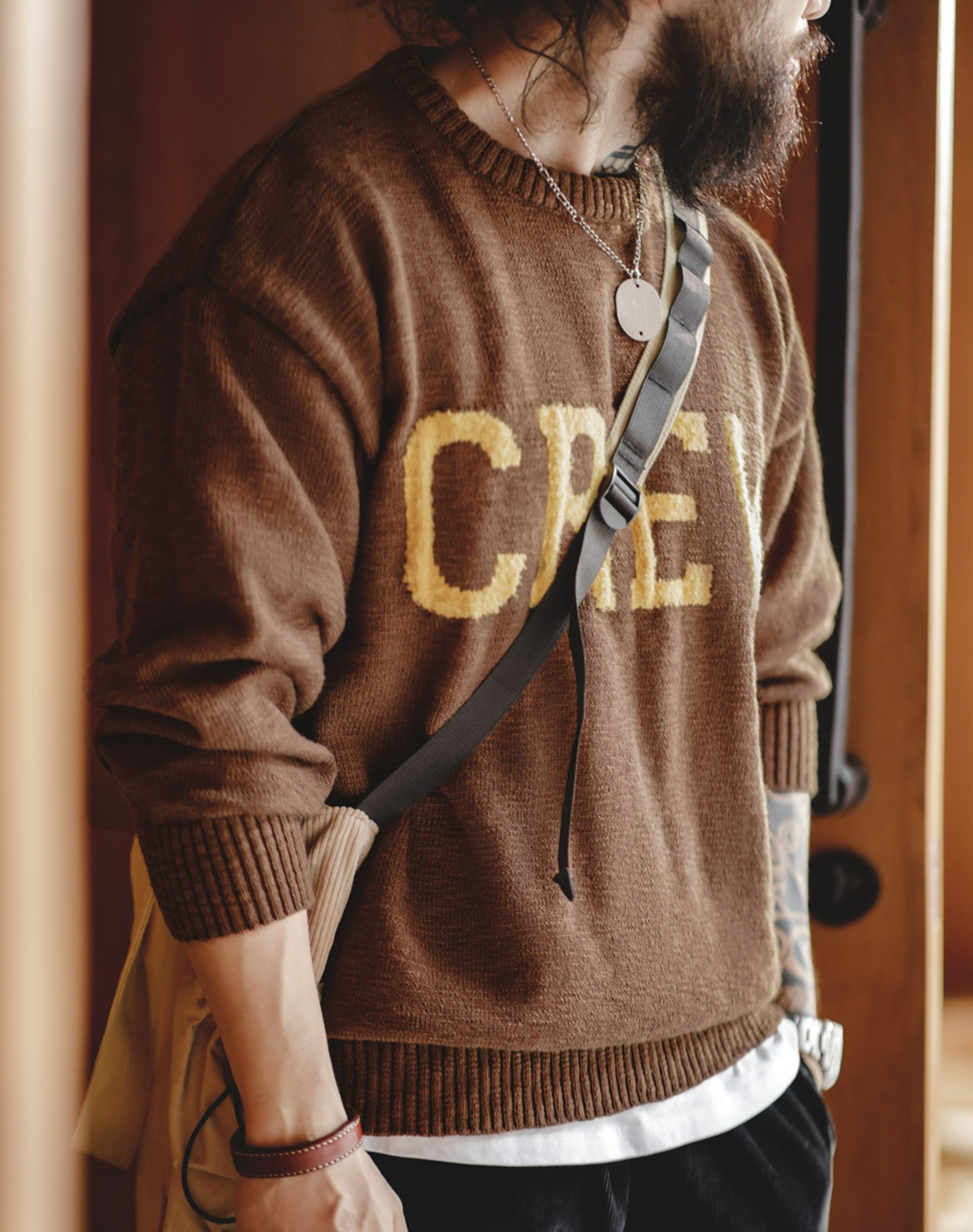 American Retro Workwear CREW Letter Woolen Men's Sweater - Harmony Gallery