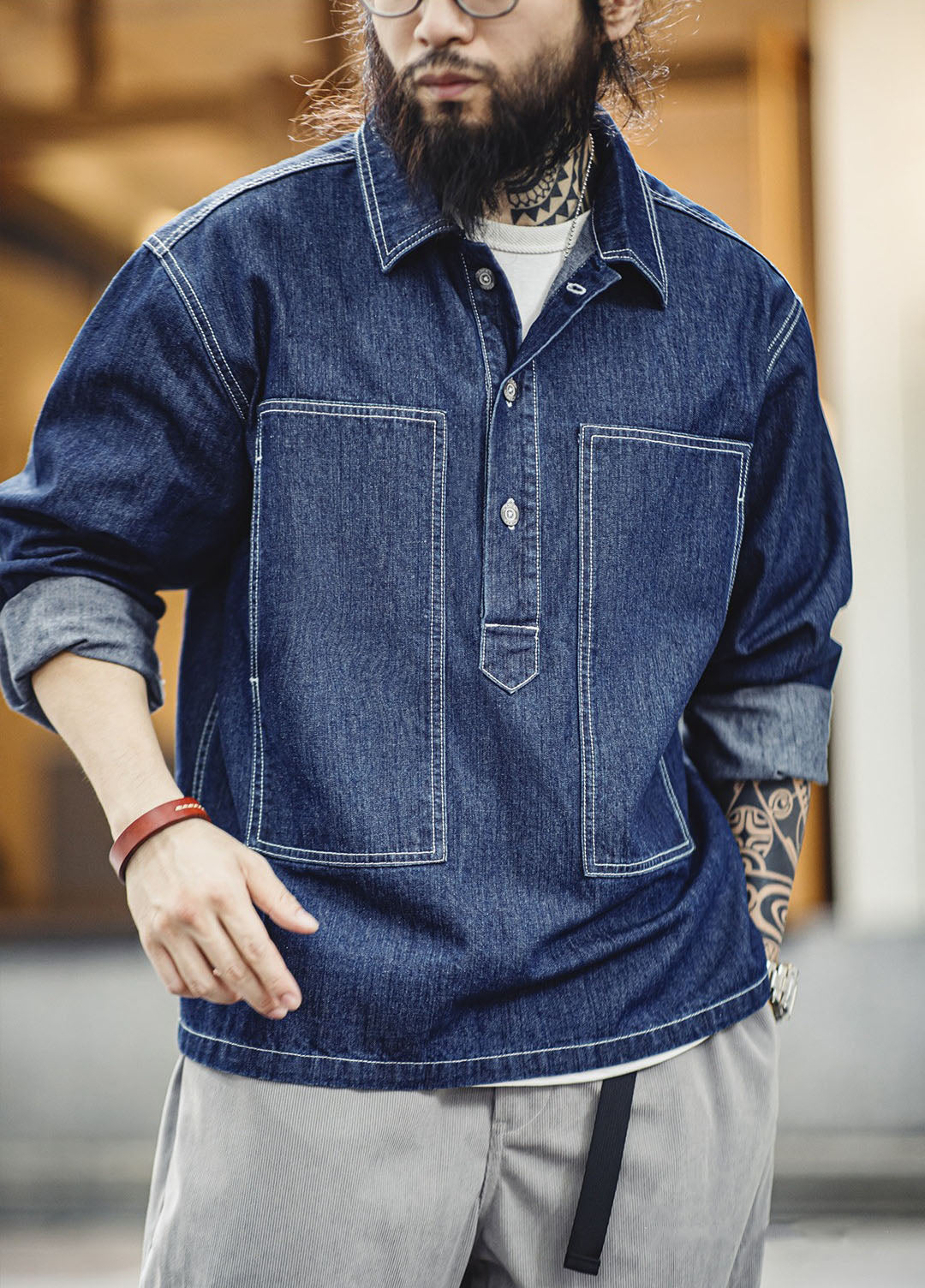 American Retro Workwear Half-Cardigan Denim Men's Sweater