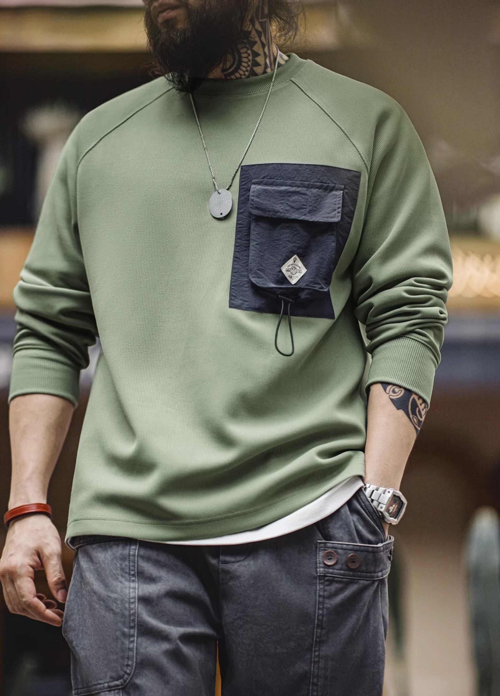 American Mountain Contrast Color Pocket Functional Knitted Men's Sweater - Harmony Gallery
