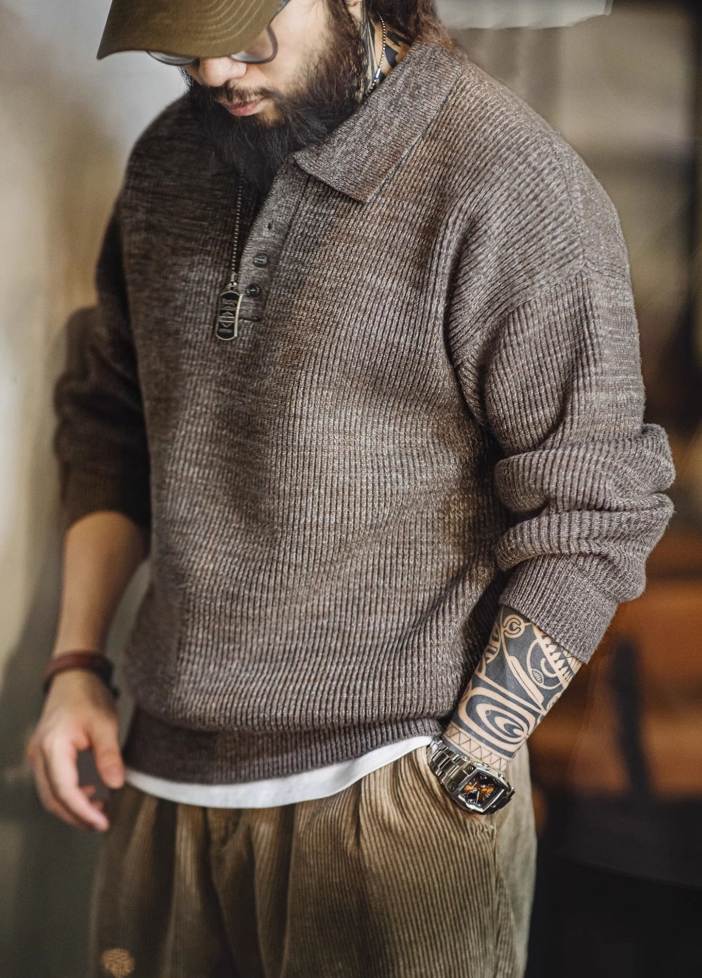 American Retro Knitted Polo Loose Wool Pullover Men's Sweater