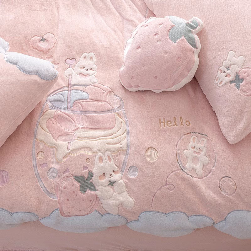 Cute Cartoon Rabbit Double-Sided Coral Velvet Warm Four-Piece Bed Set