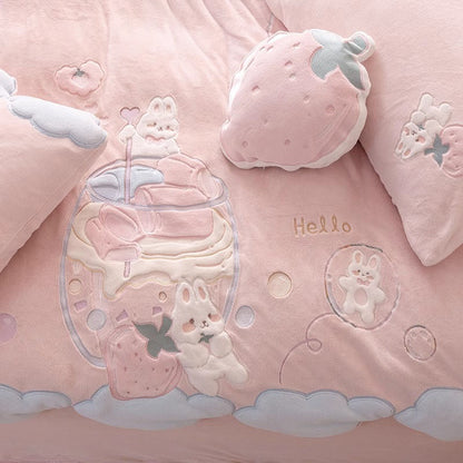 Cute Cartoon Rabbit Double-Sided Coral Velvet Warm Four-Piece Bed Set - Harmony Gallery