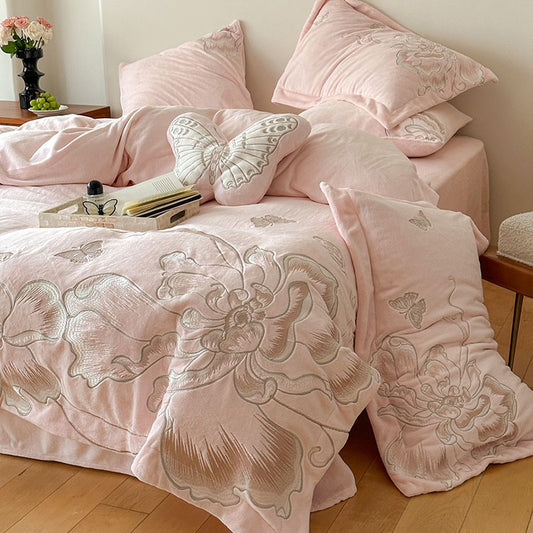 Heart Butterfly Embroidery Warm Coral Velvet Four-Piece Bed Set - Harmony Gallery