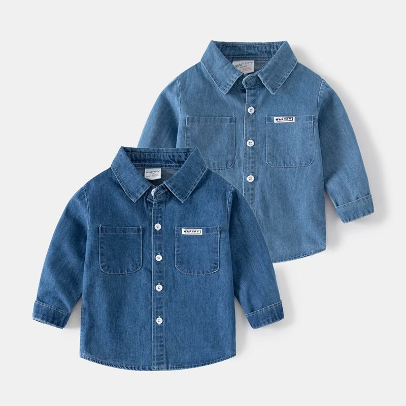 Autumn Long-Sleeved Washed Denim Square Collar Boy's Shirt - Harmony Gallery