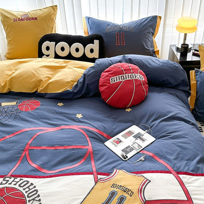Boys Basketball Cartoon Cotton Washed Teenagers four-piece Bed Set