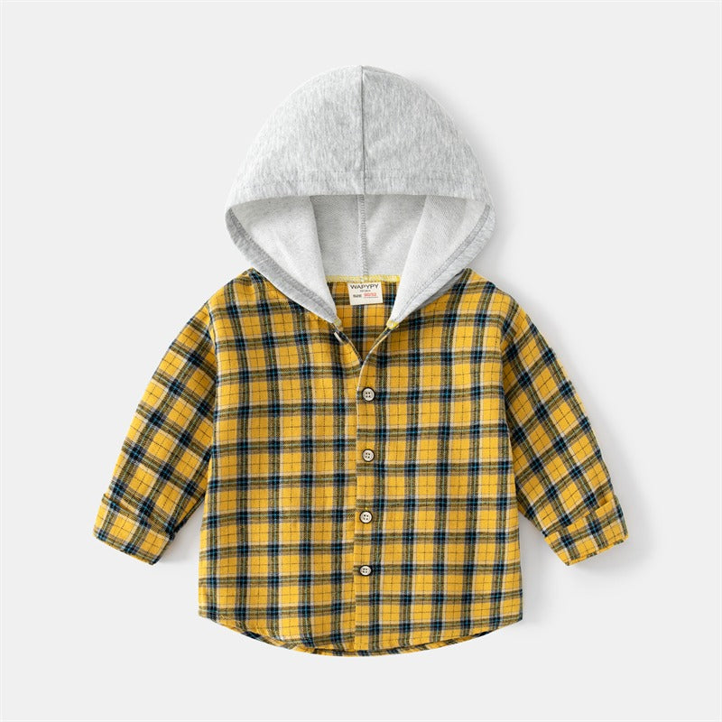 Autumn Plaid Long-Sleeved Hooded Baby Boy's Shirt - Harmony Gallery