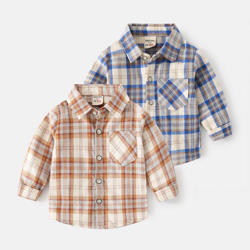 Long-Sleeved Cotton Autumn Spring Plaid Casual Baby Boy's Shirts - Harmony Gallery