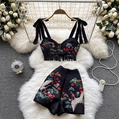 New Summer Retro Printed Straps Women's Two-Piece Suit