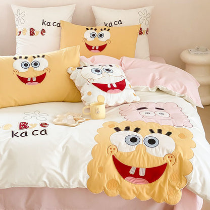 Spongebob Squarepants Cute Cartoon Cotton Washed Four-piece Bed Set - Harmony Gallery