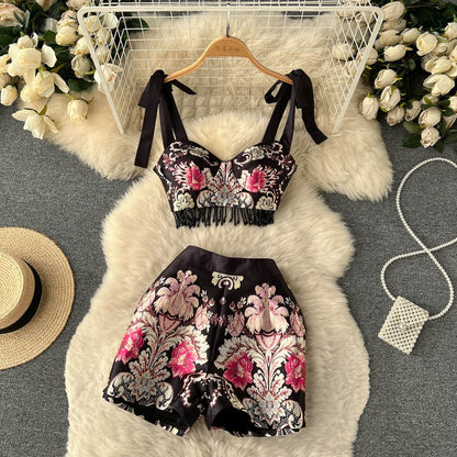 Spring & Summer Retro Printing Strappy Fringed Women's Two-Piece Suit