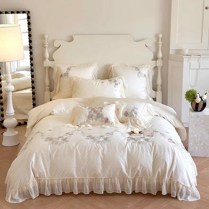 French Princess Cotton Floral Embroidery And Ruffles Four-Piece Bed Set
